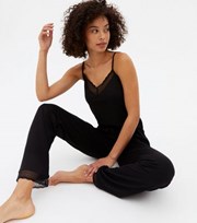 New Look Tall Black Cami Trouser Pyjama Set with Spot Lace Trim